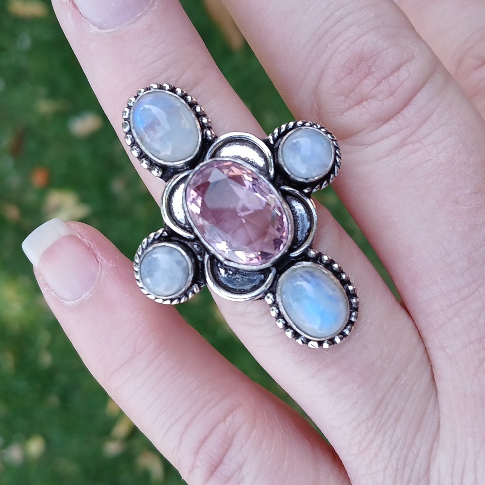 New Rainbow Moonstone & Kunzite 925 Silver Ring.
